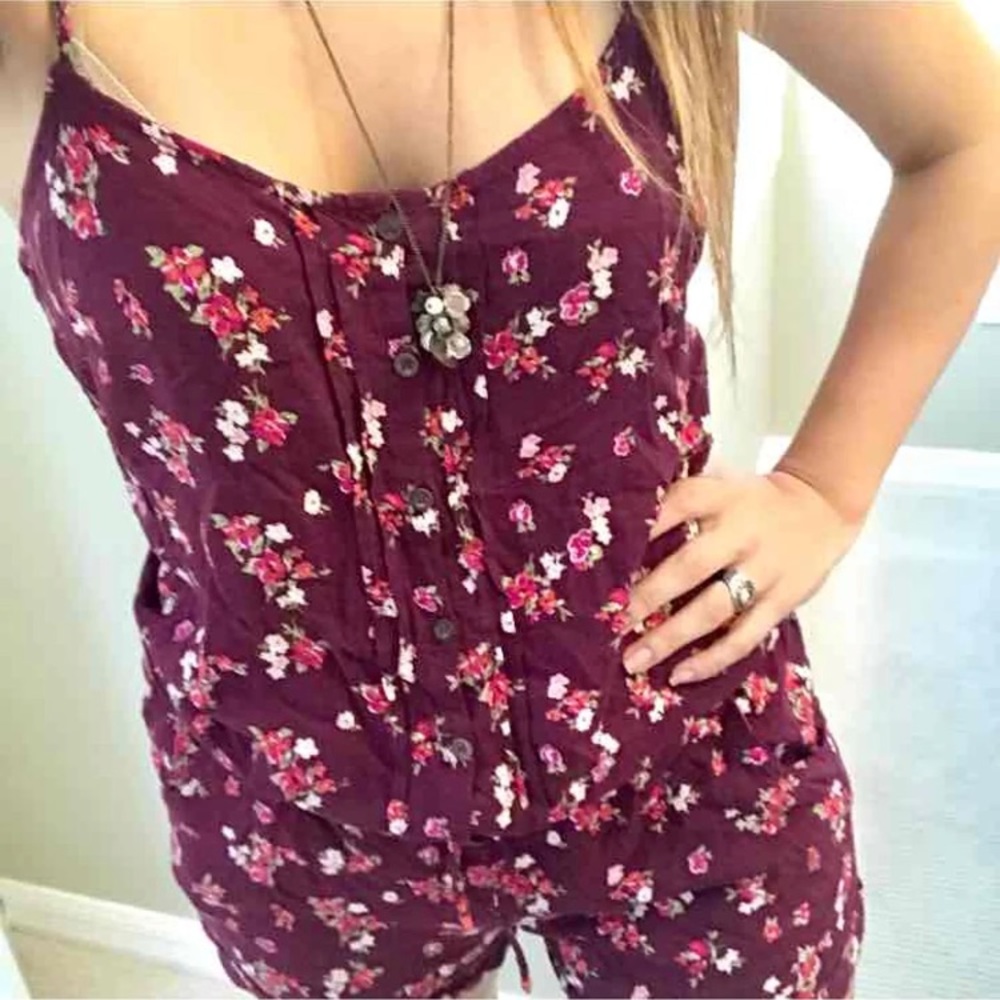 Maroon Floral Pattern Cami Romper - image 1